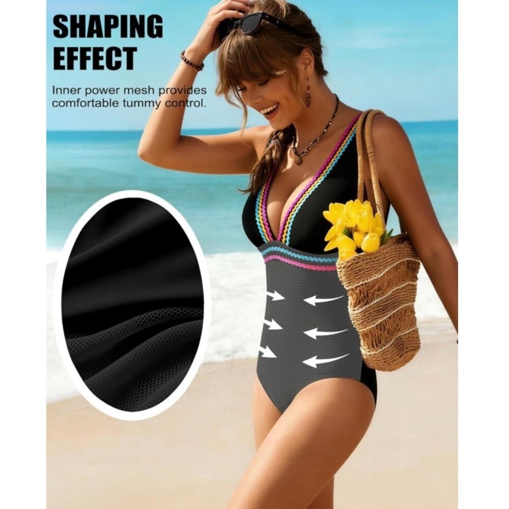 DaiLiWel Women Black One Piece Swimsuit Rainbow Trim V Neck Tummy Control M - Picture 3 of 8